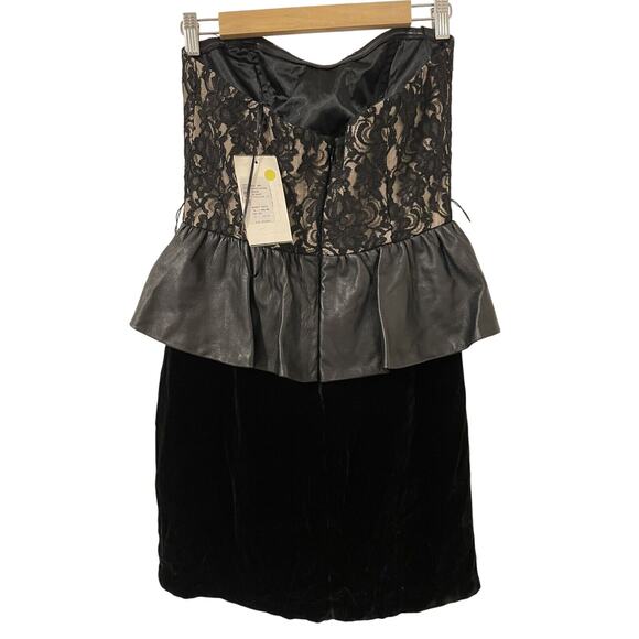 Vintage NWT $410 ABS Allen Schwartz Size 8 Black Lace Leather Peplum Dress - Picture 2 of 10
